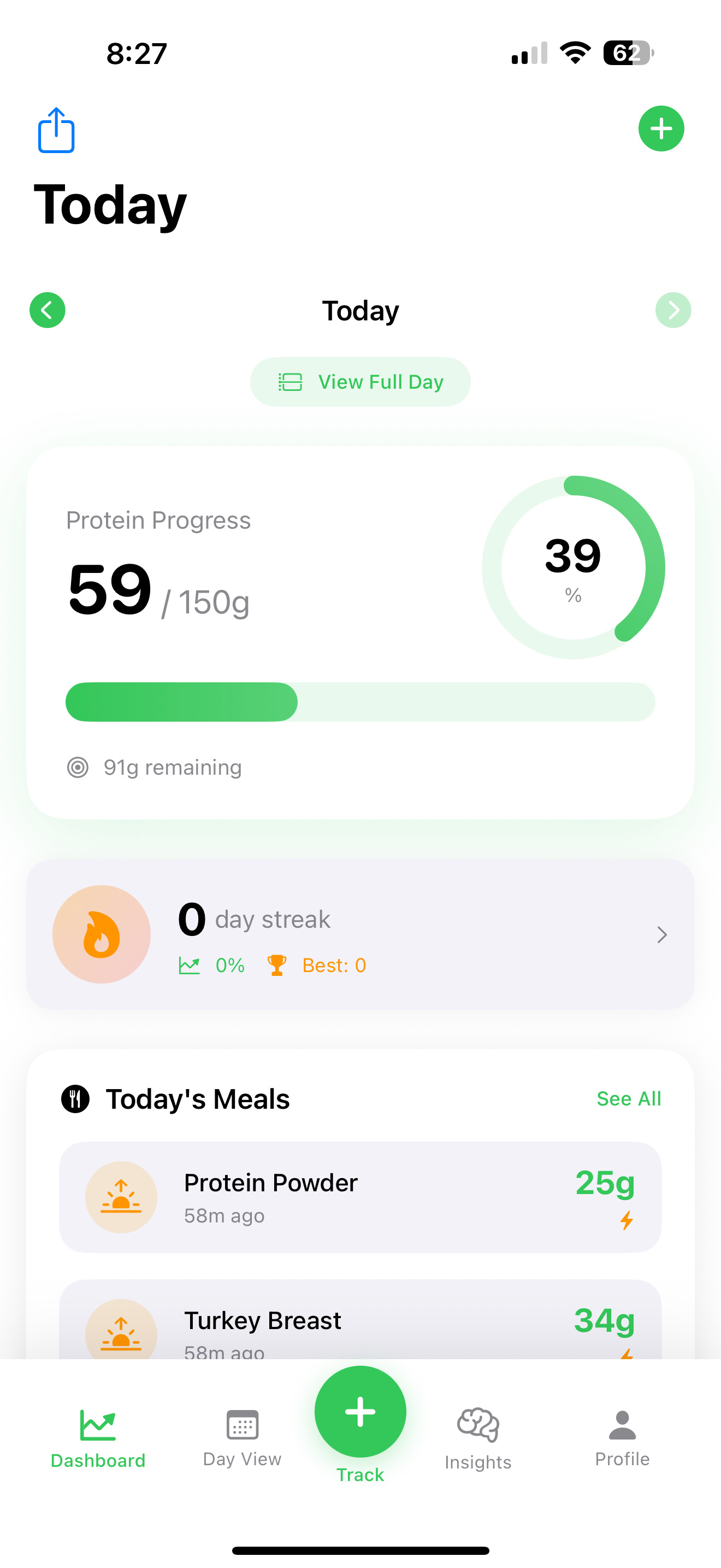 ProteinTrackr app showing daily protein progress tracking with 59g consumed out of 150g goal